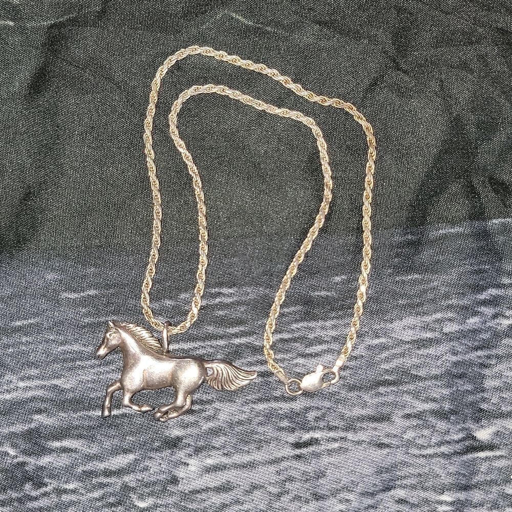 Vintage Sterling Silver Rope Chain Necklace & Running Horse Charm Pendant
